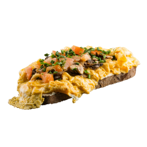 Eine Scheibe Brot mit Eiern Champions und Tomaten