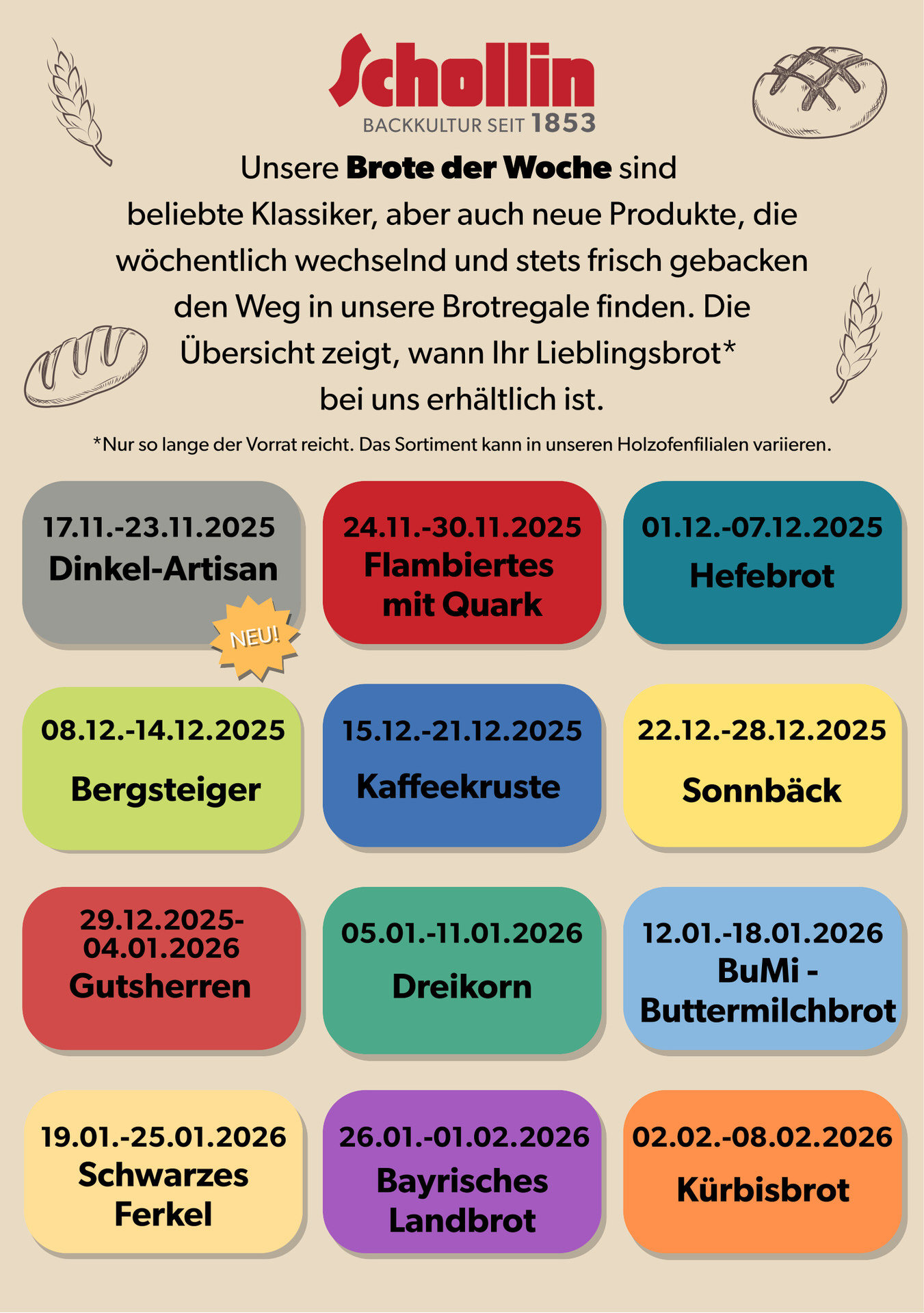 Brotkalender Q1 2026 - Brot der Woche - Bäckerei Schollin Brotkalender Q1 2026 - Brot der Woche - Bäckerei Schollin