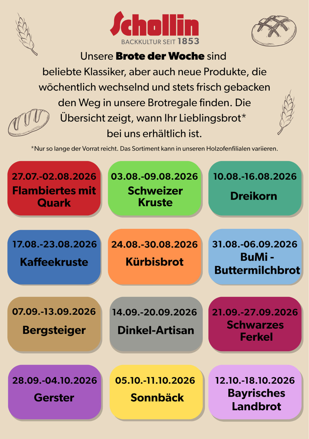 Brot der Woche 2026-07-27 - 2026-10-18 Brotkalender Q2 2026